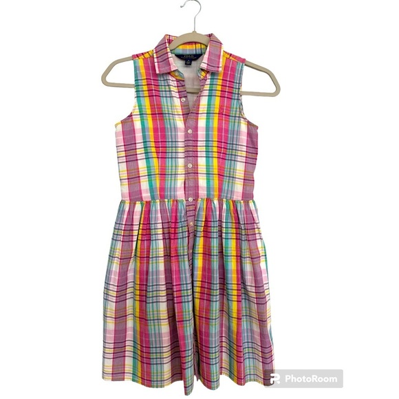 Polo Ralph Lauren Other - Polo Ralph Lauren Girls Pink Blue Multi Color Cotton Madras Shirt Dress Size 14